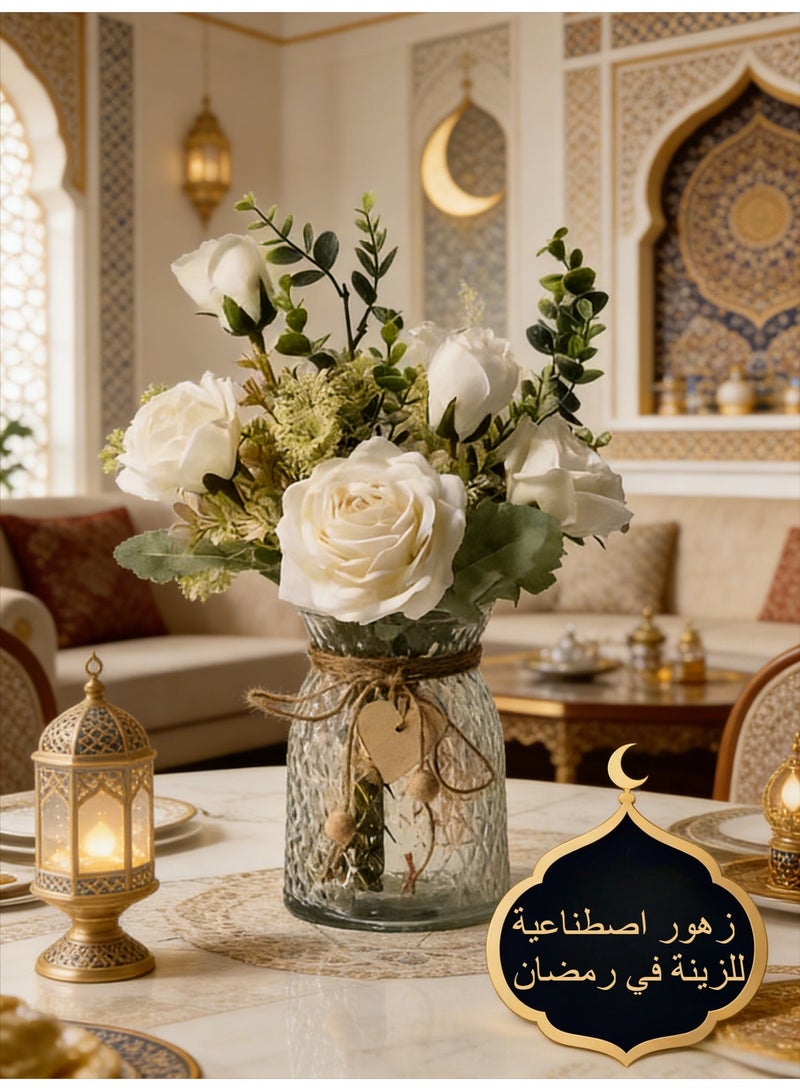 Ramadan Artificial Flowers ，Silk Roses Artificial Flowers, White Faux Flower Arrangement Suitable for Home Office Decoration, Dining Table Centerpiece，Ramadan Artificial Flowers，Home Decoration - Image 1
